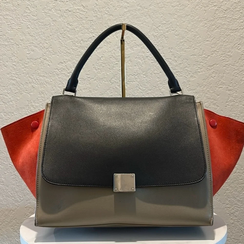 Celine Red & Grey Trapeze Leather Hand Bag